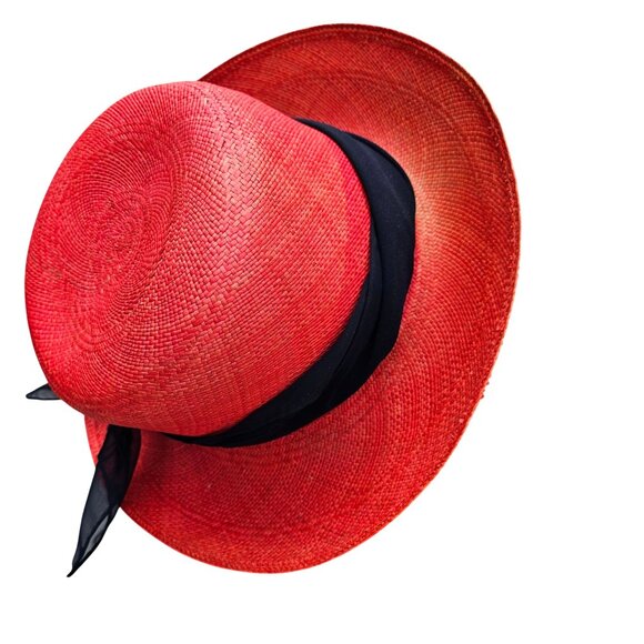 Vintage Red Straw Hat by Saks Fifth Avenue Union Label USA 22.5\